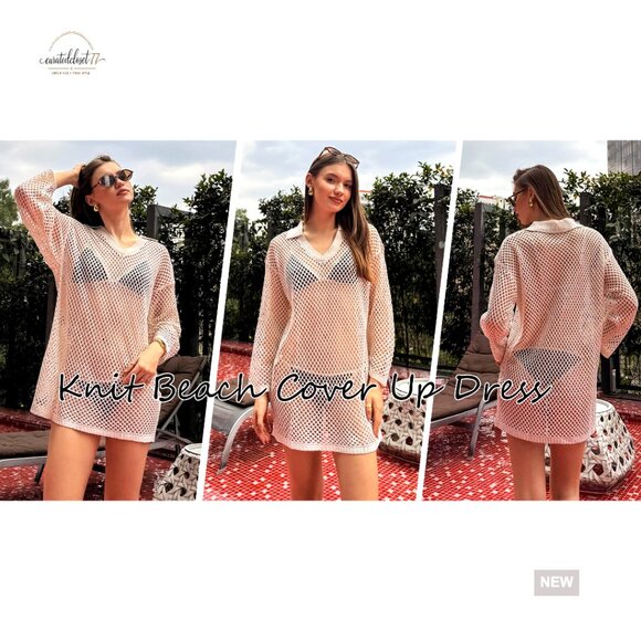 Crochet Swim Coverup Long Sleeve Loose Fit Polyester Beach Vacation Outfit - Picture 7 of 7